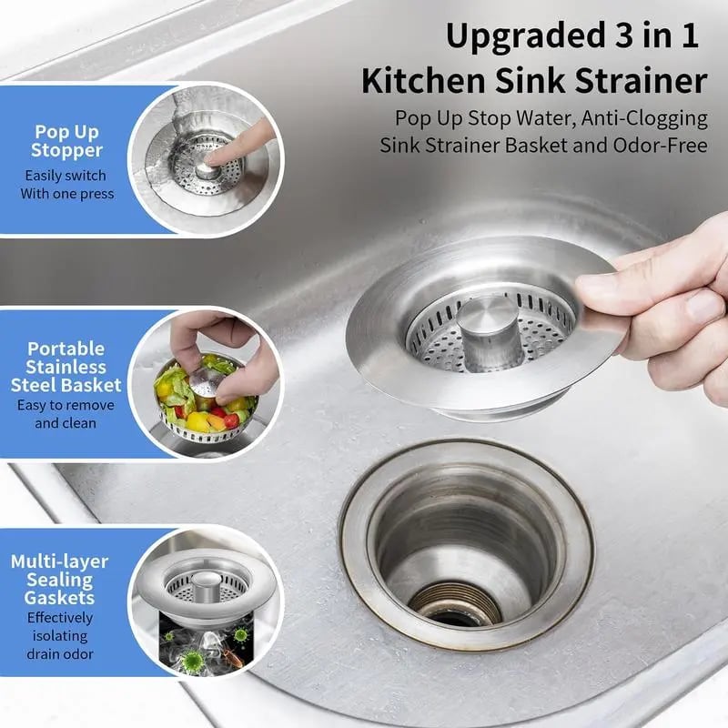 Upgraded 3 in 1 Kitchen Sink Drain Straine