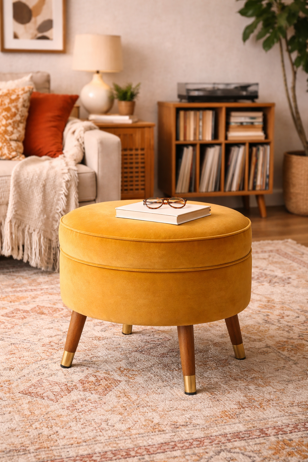 Plush Soft Stool with Wooden Legs