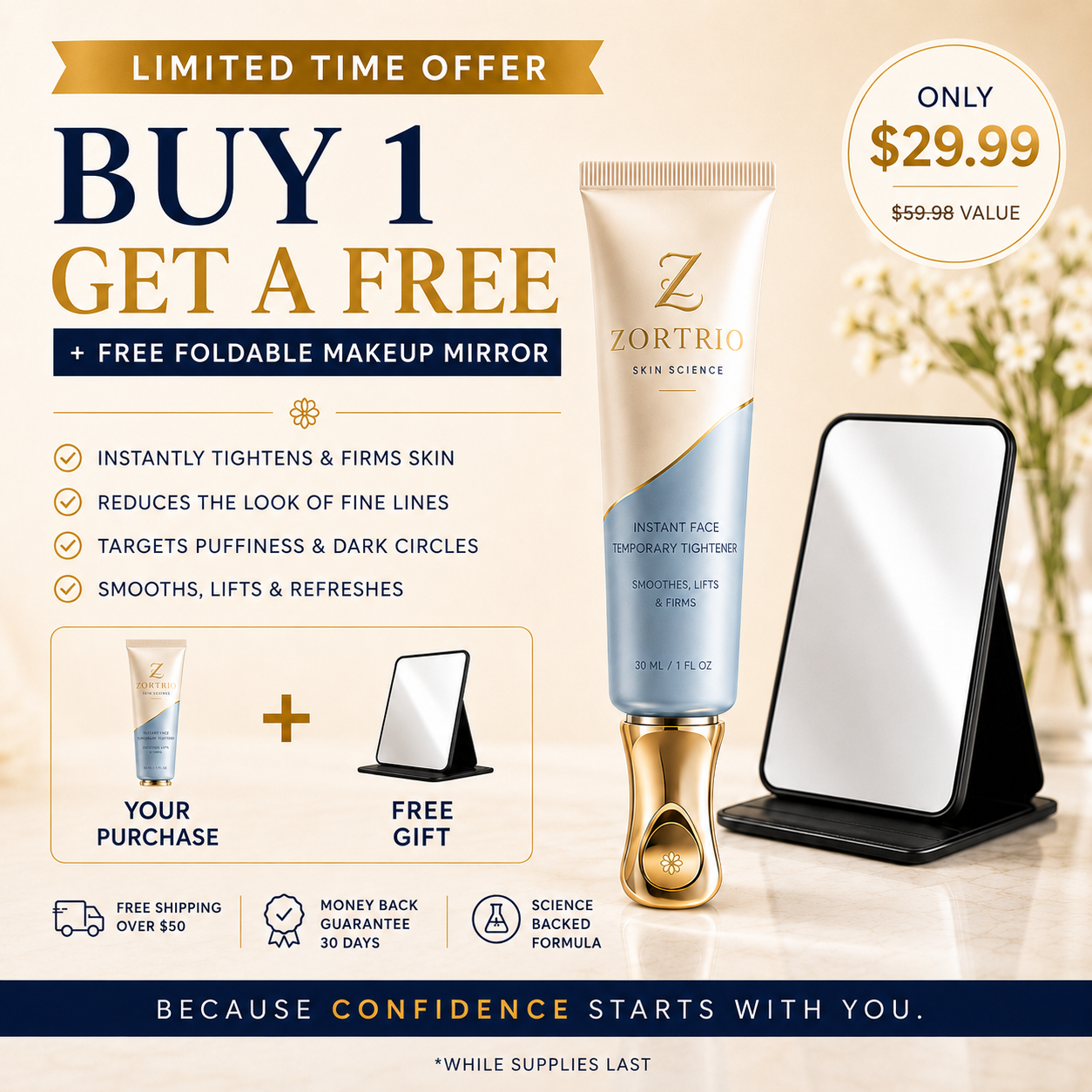 ZORTRIO™ Instant Face Temporary Tightener – Instant visible results in 30 seconds