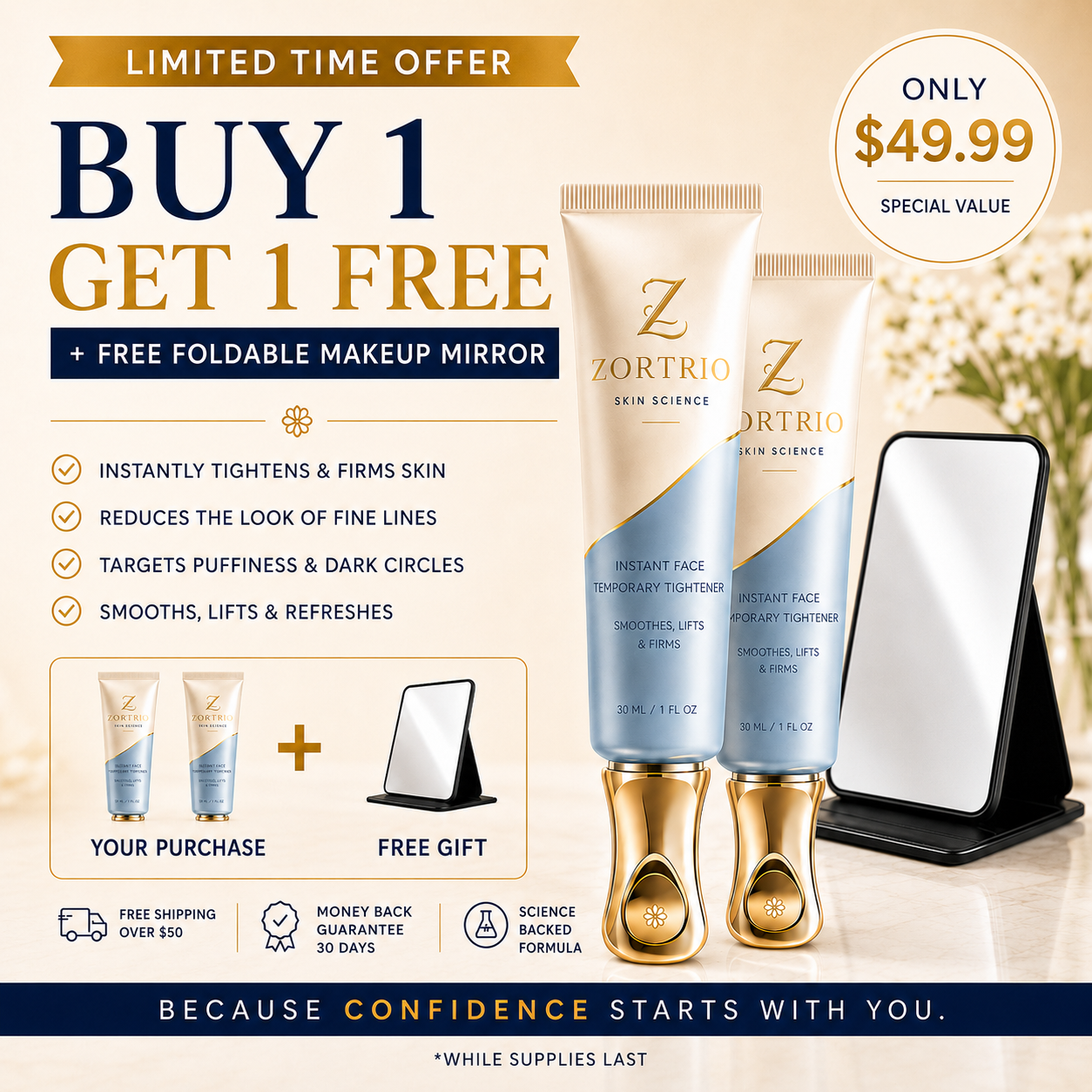 ZORTRIO™ Instant Face Temporary Tightener – Instant visible results in 30 seconds